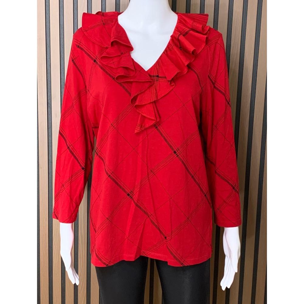 Lauren Ralph Lauren Red Plaid Ruffle V-Neck Top XL Cotton Modal Long Sleeve